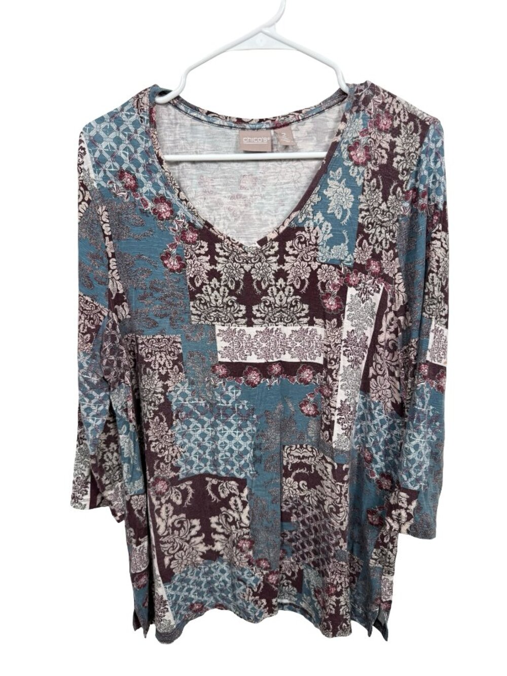 Chicos Top Blouse Size 2 US Large Blue Burgundy Multi Patchwork Paisley Boho